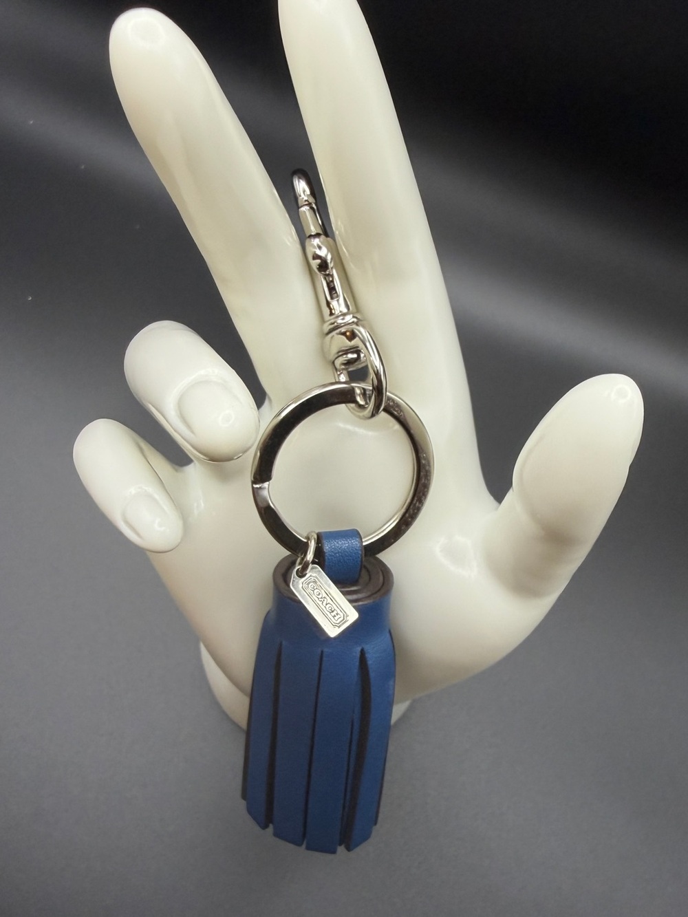 Coach Blue and Brown Leather Tassel Keyring with Silver Hardware